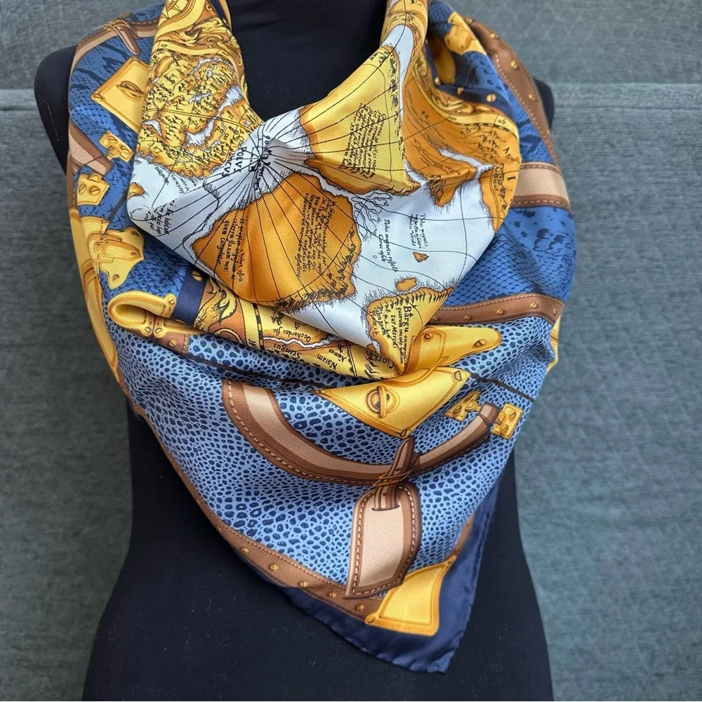 Larioseta Como Silk Scarf VINTAGE– World Map & Travel Trunks, Made in Italy